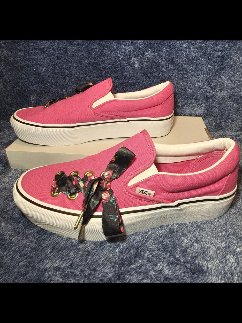 Vans Pink Platform Slip-On Sneakers with Floral Ribbon